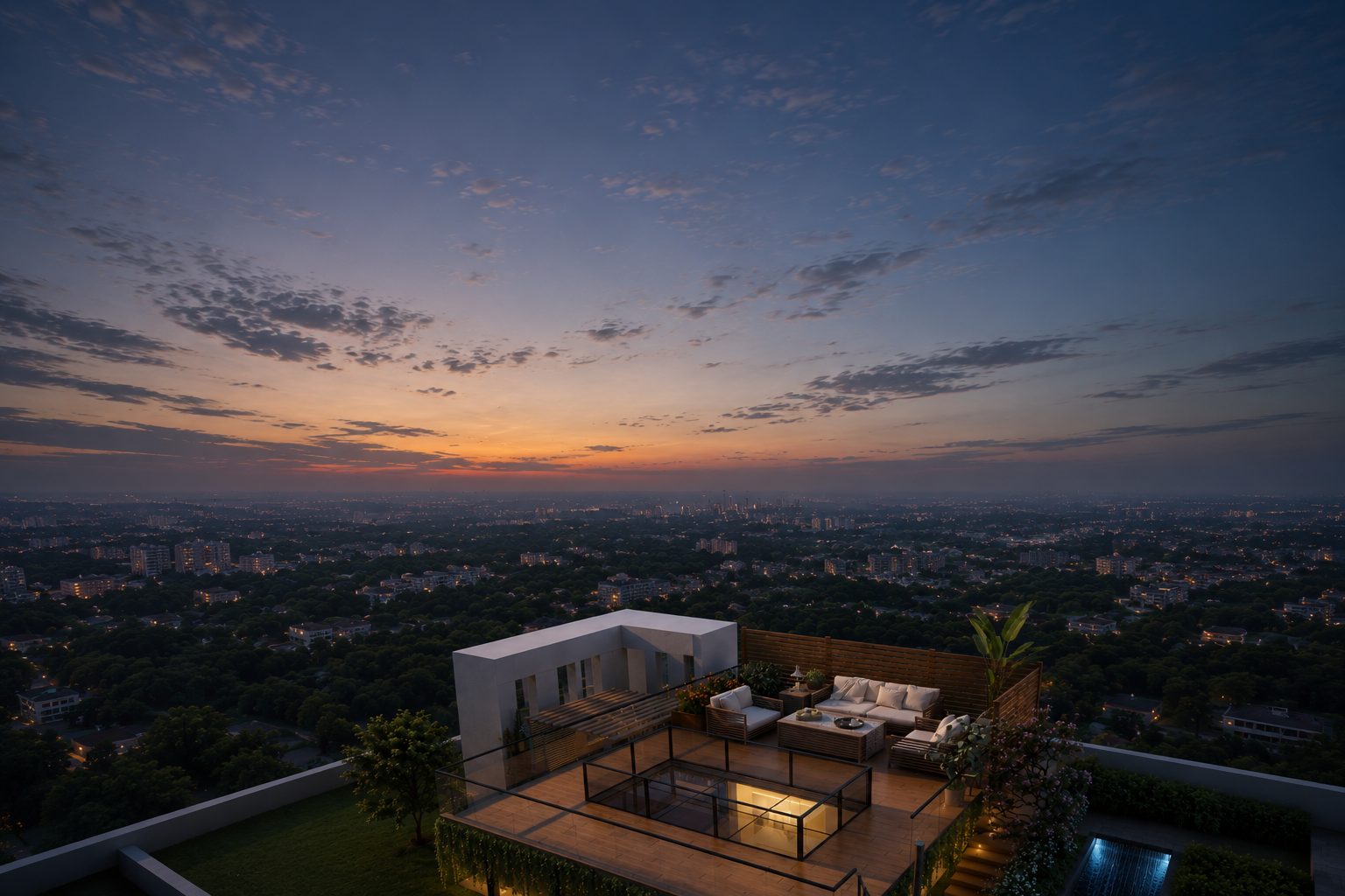 Protech rooftop terrace, Guwahati skyline at dusk
