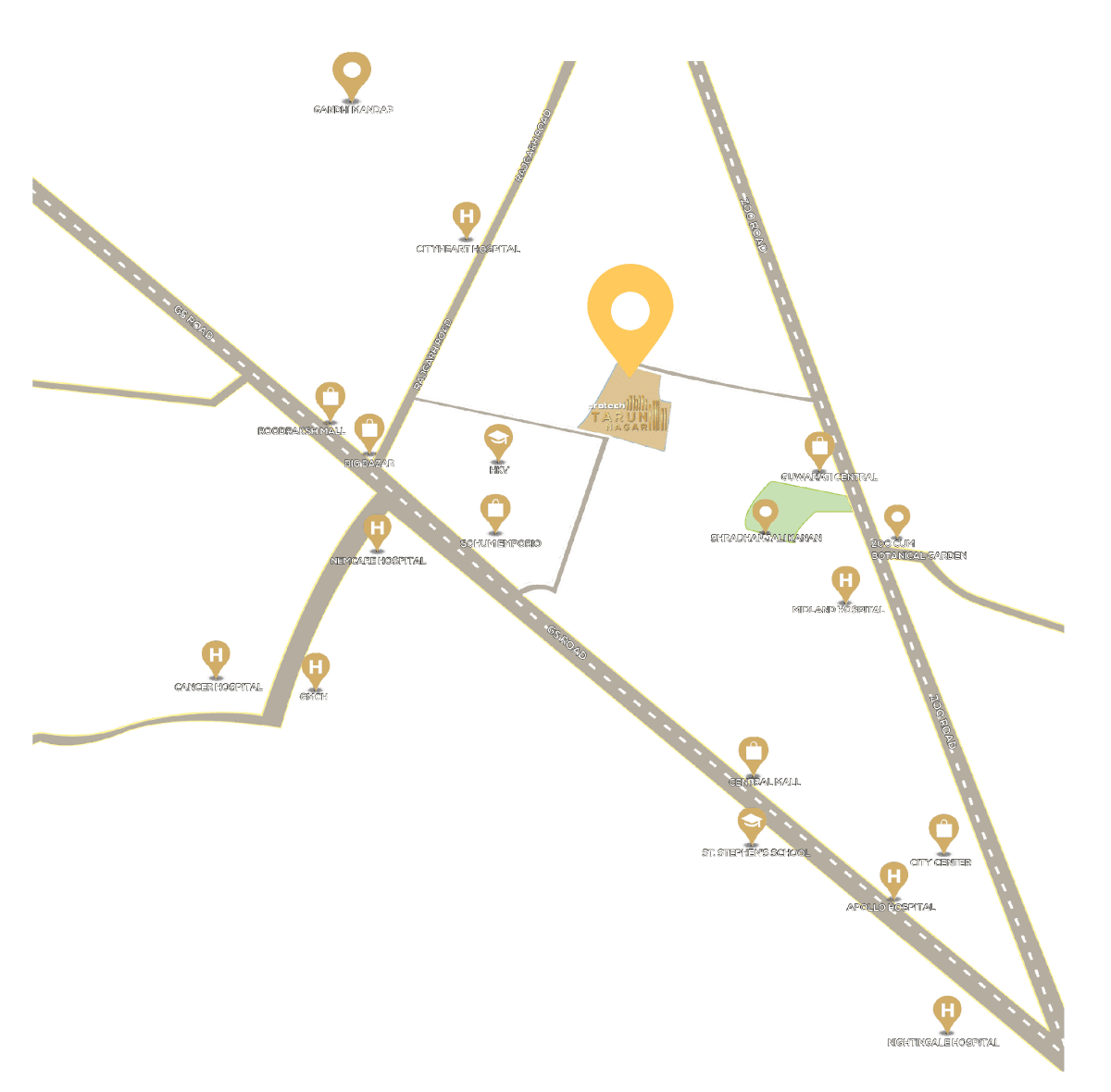 Location map of our Ultra-luxurious Apartment in Guwahati - Protech Tarun Nagar. It is located at the center of Guwahati, and all the major locations are near by