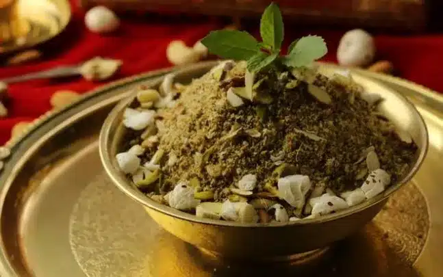 A still of a traditional Indian dish, Dhaniya Panjiri